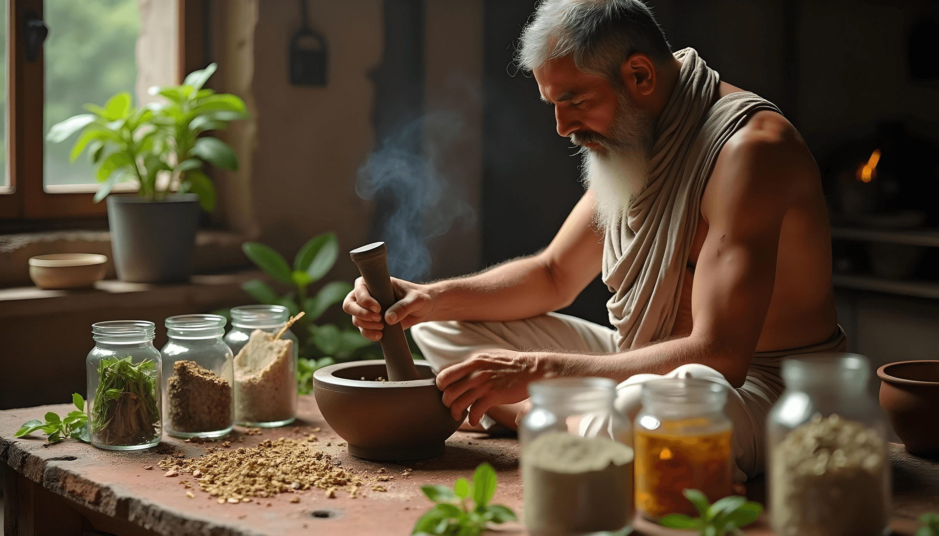 Ayurvedic practitioner trichologist sitting with herbs